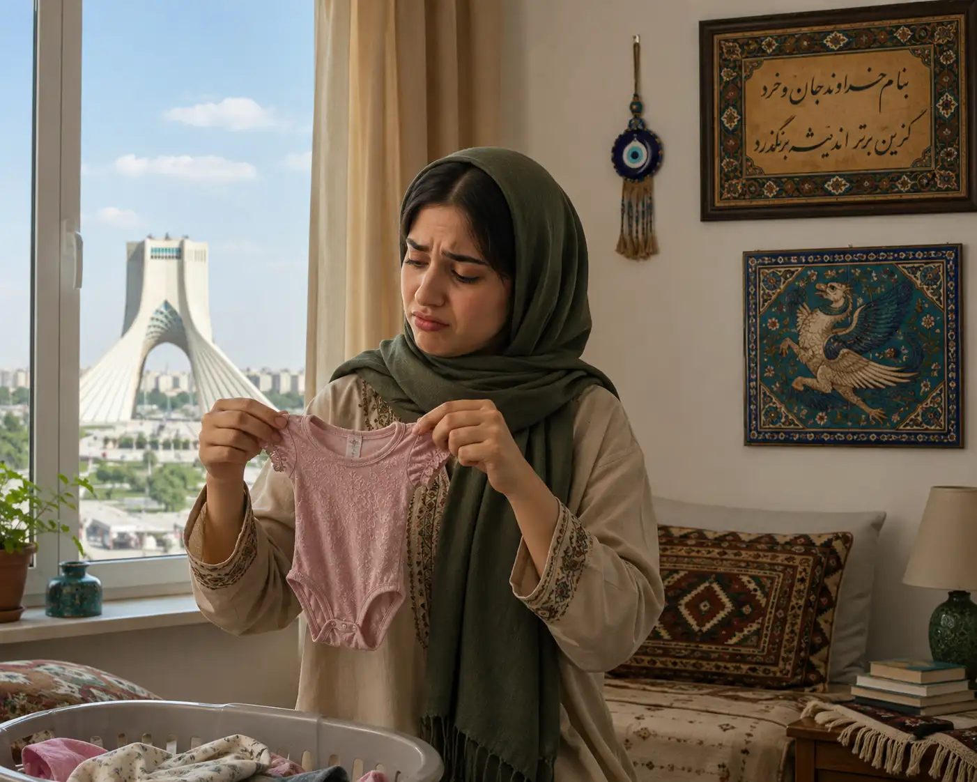 راهنمای انتخاب سایز لباس زیر فانتزی؛ خانم ایرانی با حجاب در حال بررسی کوچک شدن بادی زنانه با نمای برج آزادی