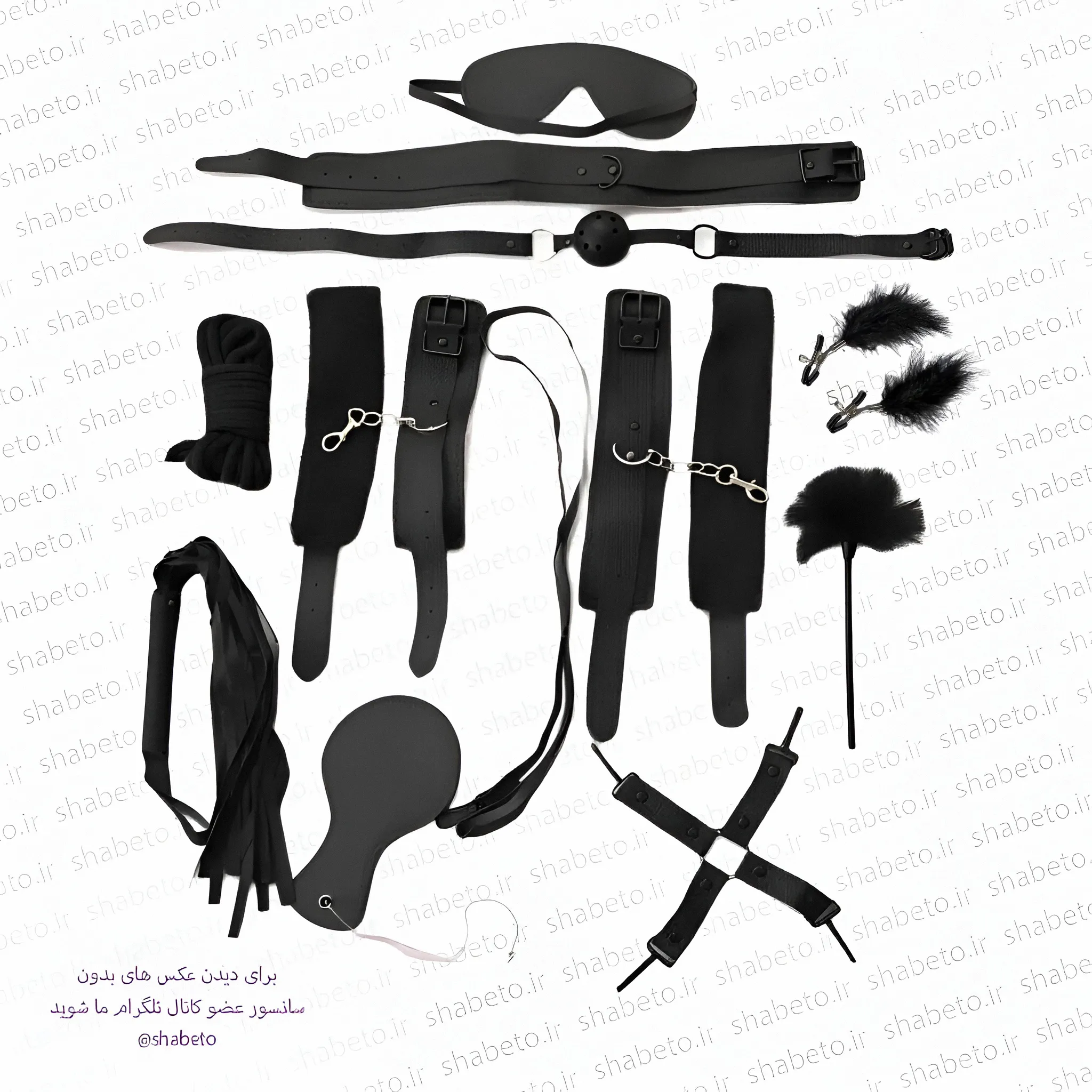 women-full-Black-bdsm-set-1 ست کامل BDSM مشکی ۱۱ تکه زنانه با چشمبند، قلاده، دستبند و پابند و اکسسوریهای فانتزی فروشگاه شب تو