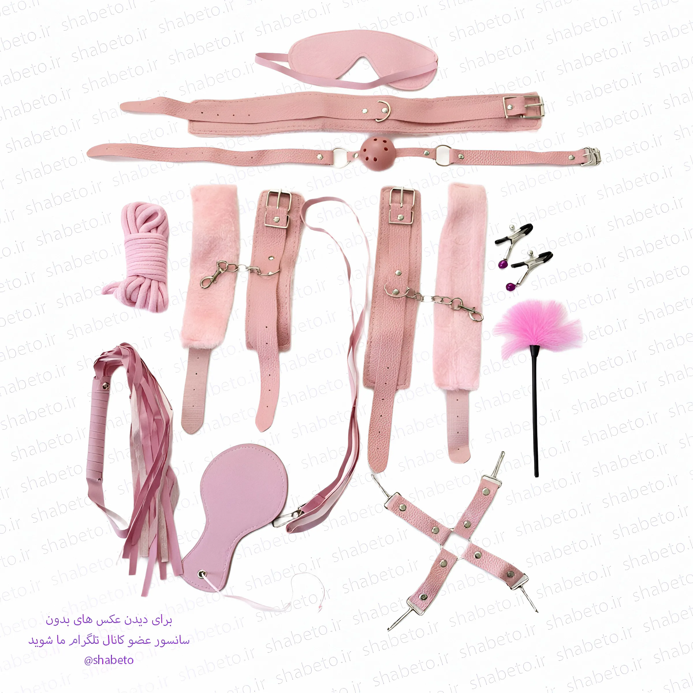 women-full-pink-bdsm-set-1 ست کامل BDSM صورتی ۱۱ تکه زنانه با چشمبند، قلاده، دستبند، پابند و اکسسوریهای فانتزی فروشگاه شب تو